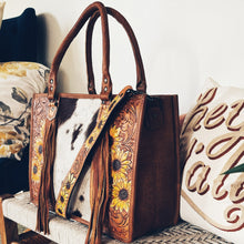Load image into Gallery viewer, Field of Sunflowers Hand Tooled Leather Tote Bag