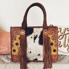 Load image into Gallery viewer, Field of Sunflowers Hand Tooled Leather Tote Bag