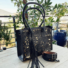 Load image into Gallery viewer, Black Wolf Hand Tooled Leather Tote Bag