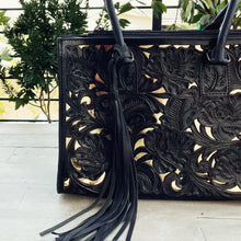 Load image into Gallery viewer, Black Wolf Hand Tooled Leather Tote Bag