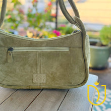 Load image into Gallery viewer, Emilie sage green suede boot stitch purse styled view