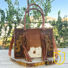 Load image into Gallery viewer, Field of Sunflowers Hand Tooled Leather Tote Bag