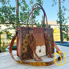 Load image into Gallery viewer, Field of Sunflowers Hand Tooled Leather Tote Bag