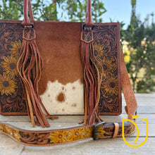 Load image into Gallery viewer, Field of Sunflowers Hand Tooled Leather Tote Bag