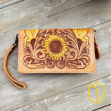 Load image into Gallery viewer, Perfect Sunflower Hand Tooled Leather Crossbody Wallet