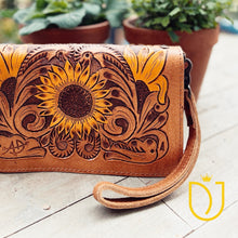 Load image into Gallery viewer, Perfect Sunflower Hand Tooled Leather Crossbody Wallet