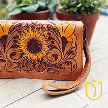 Load image into Gallery viewer, Perfect Sunflower Hand Tooled Leather Crossbody Wallet