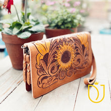 Load image into Gallery viewer, Perfect Sunflower Hand Tooled Leather Crossbody Wallet