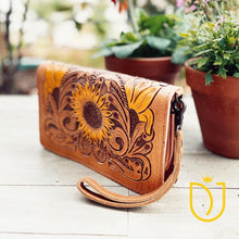 Load image into Gallery viewer, Perfect Sunflower Hand Tooled Leather Crossbody Wallet