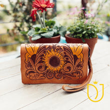 Load image into Gallery viewer, Perfect Sunflower Hand Tooled Leather Crossbody Wallet