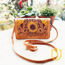 Load image into Gallery viewer, Perfect Sunflower Hand Tooled Leather Crossbody Wallet