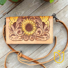 Load image into Gallery viewer, Perfect Sunflower Hand Tooled Leather Crossbody Wallet