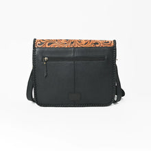 Load image into Gallery viewer, Back of the Magpie crossbody showing black pebbled leather, zip pocket and laced edges