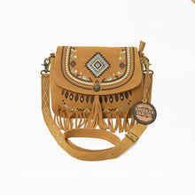Load image into Gallery viewer, Lodestar embroidered suede fringe crossbody bag, front view with diamond-stitched suede strap