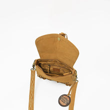 Load image into Gallery viewer, Lodestar crossbody open, showing the suede flap, magnetic snap and zip-top interior