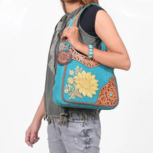 Load image into Gallery viewer, Holland Hobo turquoise suede leather bag with sunflower embroidery and hand-tooled trim