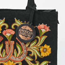 Load image into Gallery viewer, Close-up of Lady Luck embroidery with crystal-look stones on the horseshoes and silver-tone studs