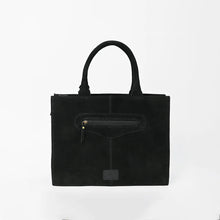Load image into Gallery viewer, Back of the Lady Luck black suede tote showing exterior zip pocket