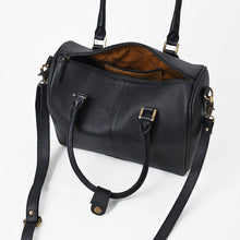 Load image into Gallery viewer, A black pebbled leather duffel bag with dual top handles, a detachable shoulder strap, and gold-tone hardware, shown open to reveal a brown patterned interior lining.