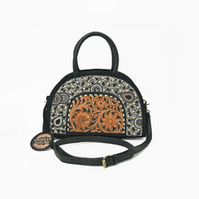 Load image into Gallery viewer, Front view of the Tiara dome satchel with pearl-look beading framing a tooled sunflower panel