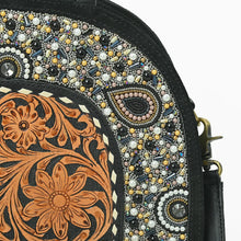 Load image into Gallery viewer, Close-up of Tiara beading with pearl-look beads, beaded paisley motif and buckstitch-framed tooling