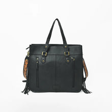 Load image into Gallery viewer, Back view of the Fandango tote in smooth black leather with two vertical zip pockets, braided handles, and side fringe