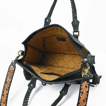 Load image into Gallery viewer, Inside the Fandango hand-tooled leather tote, zip-top opening with lined interior, zip pocket, and slip pocket