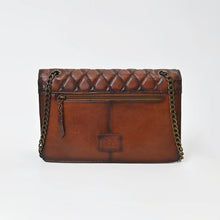 Load image into Gallery viewer, Back of the Sorrel bag showing the burnished leather and exterior zip pocket