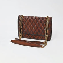 Load image into Gallery viewer, Bourbon diamond-quilted cognac leather flap bag with antique gold chain strap and leather shoulder rest, three-quarter view