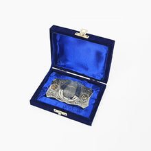Load image into Gallery viewer, Close-up of hand-engraved scrollwork and gold floral rosette detail on Sundrop German silver horseshoe belt buckle