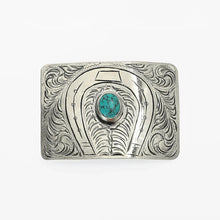 Load image into Gallery viewer, Quinn hand-engraved German silver western belt buckle with horseshoe design and turquoise stone inlay