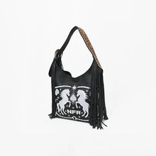 Load image into Gallery viewer, Melby black leather hobo bag with white embroidered rearing stallions and black fringe