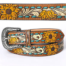 Load image into Gallery viewer, Womens Western Hand Tooled Leather Belt, Rodeo Belt, Embossed Leather Belt, Western Belt, Cowboy Belt, Cowgirl Belt, Handmade Sunflower Belt