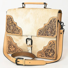 Load image into Gallery viewer, Western Purse, Western Tote Bag, Hand Tooled Leather Purse, Leather Briefcase, Laptop Bag, Hair On Cowhide Leather Work Bag