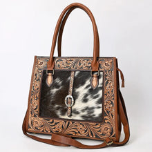 Load image into Gallery viewer, Western Purse, Western Tote Bag, Hand Tooled Leather Purse, Leather Shoulder Bag, Laptop Bag, Hair On Cowhide Purse, Leather Crossbody Purse