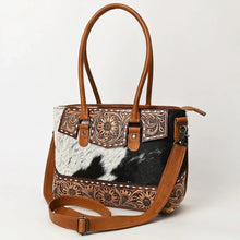 Load image into Gallery viewer, Western Purse, Cowhide Crossbody Purse, Western Tote Bag, Hand Tooled Leather Purse, Cowhide Purse, Hair On Cowhide Shoulder Bag