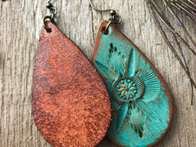 Load image into Gallery viewer, Hand Tooled Leather Earrings, Leather Teardrop Earrings, Turquoise Leather Earrings, Boho Vintage Western Earrings, Dangle Earrings