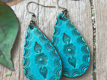 Load image into Gallery viewer, Hand Tooled Leather Earrings, Leather Teardrop Earrings, Turquoise Leather Earrings, Boho Vintage Western Earrings, Dangle Earrings
