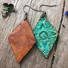 Load image into Gallery viewer, Hand Tooled Leather Earrings, Leather Diamond Shaped Earrings, Green Floral Earrings, Western Earrings, Boho Earrings, Dangle Earrings