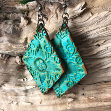 Load image into Gallery viewer, Hand Tooled Leather Earrings, Leather Diamond Shaped Earrings, Green Floral Earrings, Western Earrings, Boho Earrings, Dangle Earrings