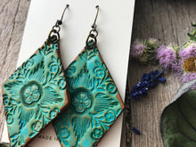 Load image into Gallery viewer, Hand Tooled Leather Earrings, Leather Diamond Shaped Earrings, Green Floral Earrings, Western Earrings, Boho Earrings, Dangle Earrings