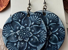 Load image into Gallery viewer, Hand Tooled Leather Earrings, Leather Round Earrings, Mandala Earrings, Navy Blue Earrings, Boho Western Earrings, Dangle Earrings