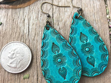 Load image into Gallery viewer, Hand Tooled Leather Earrings, Leather Teardrop Earrings, Turquoise Leather Earrings, Boho Vintage Western Earrings, Dangle Earrings