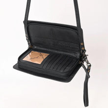 Load image into Gallery viewer, Western Leather Wallet Purse, Hand Tooled Leather Wallet, Crossbody Purse, Leather Wallet, Genuine Leather, Black Leather Organizer Wallet