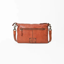 Load image into Gallery viewer, Back view of the Tawny cognac leather crossbody with exterior zip pocket and detachable leather strap