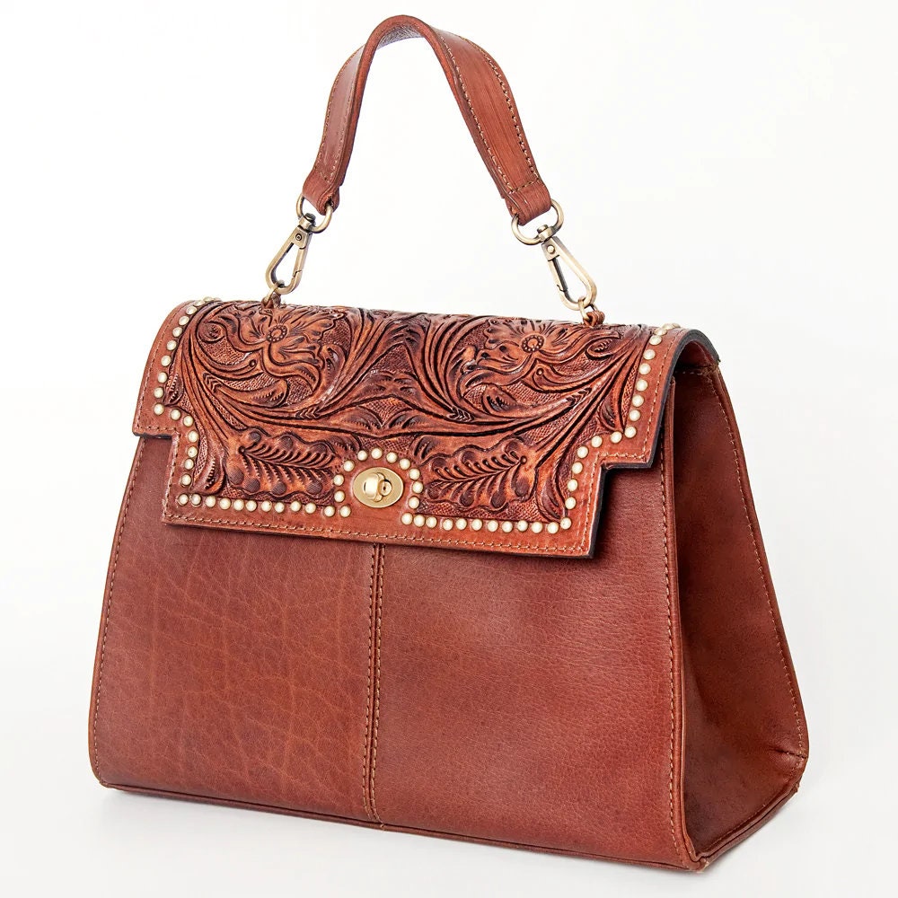 Hand Tooled Western Fringe Bag Genuine Leather Womens 