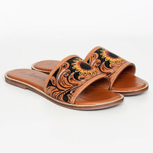 Load image into Gallery viewer, Leather Sandals, Slip On Women Leather Sandals, Hand Tooled Leather Sandals, Strappy Leather Sandals, Buckle Strap Leather Sandals
