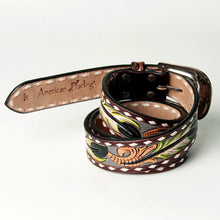 Load image into Gallery viewer, Womens Western Hand Tooled Leather Belt, Rodeo Belt, Embossed Leather Belt, Western Belt, Cowboy Belt, Cowgirl Belt, Studded Handmade Belt