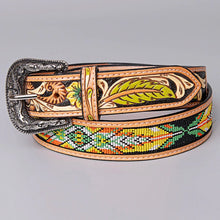 Load image into Gallery viewer, Womens Western Hand Tooled Leather Belt, Rodeo Belt, Embossed Leather Belt, Western Belt, Cowboy Belt, Cowgirl Belt, Beaded Handmade Belt