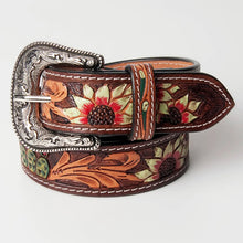 Load image into Gallery viewer, Womens Western Hand Tooled Leather Belt, Rodeo Belt, Embossed Leather Belt, Western Belt, Cowboy Belt, Cowgirl Belt, Studded Handmade Belt